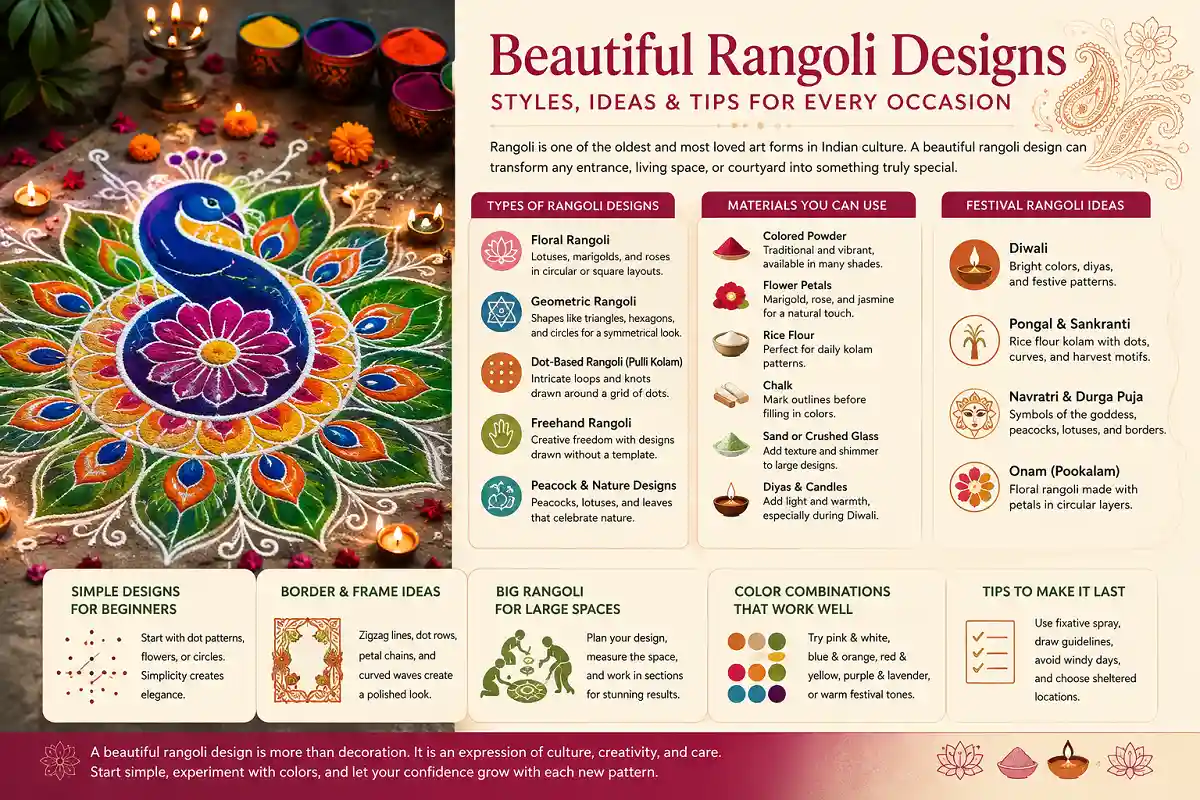 Beautiful rangoli design featuring a colorful peacock with an infographic of rangoli styles, materials, festival ideas, and creative tips