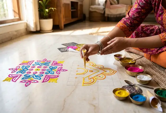 Easy beginner rangoli design for Diwali using dot grid method with colorful powder