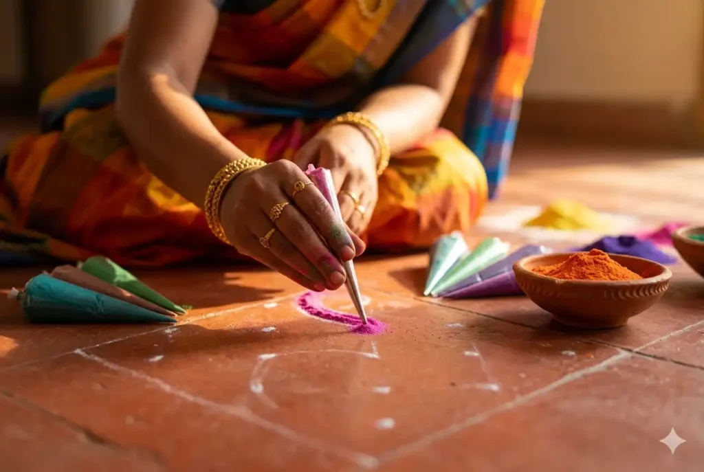 Beginner creating a simple rangoli design using a dot grid method