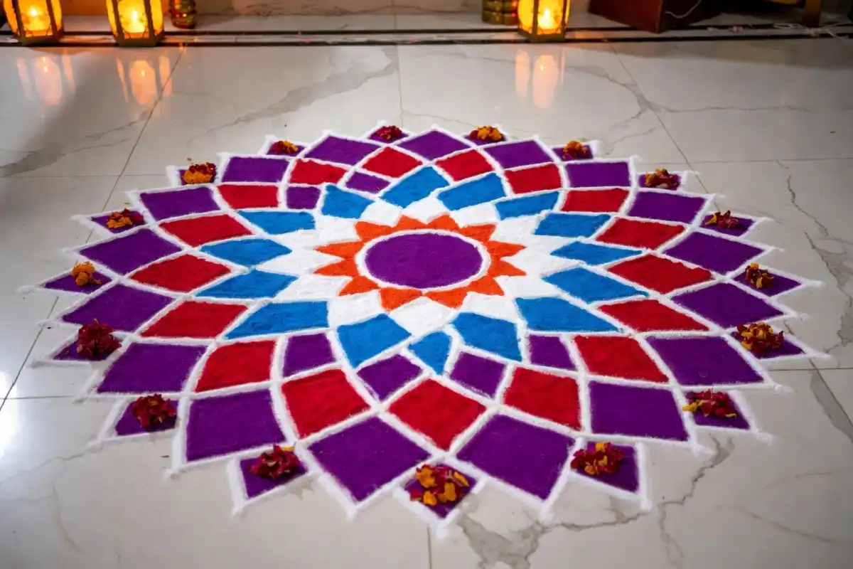  Large circular rangoli design for Diwali 2024 with geometric patterns and bright colors