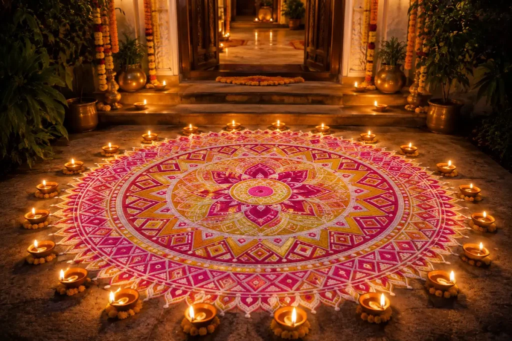 Big circle rangoli design placed at a doorstep for Diwali decoration