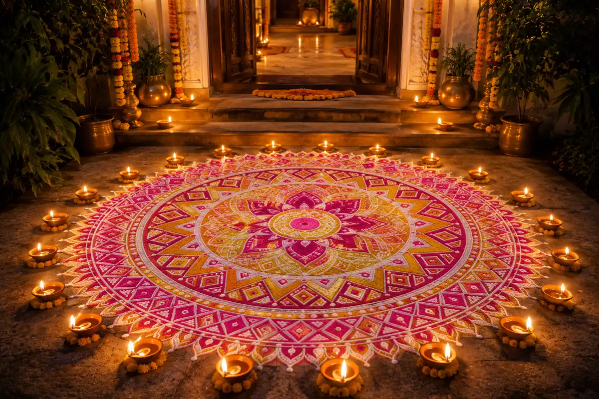 Big circle rangoli design placed at a doorstep for Diwali decoration
