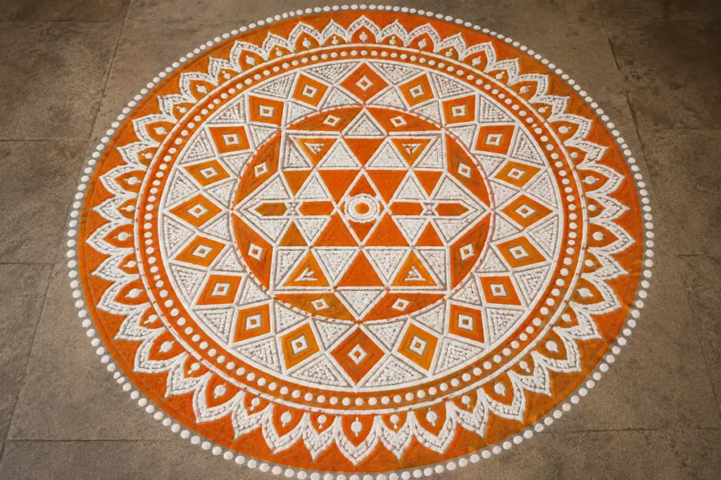 Big circle rangoli design featuring geometric patterns and bold colors