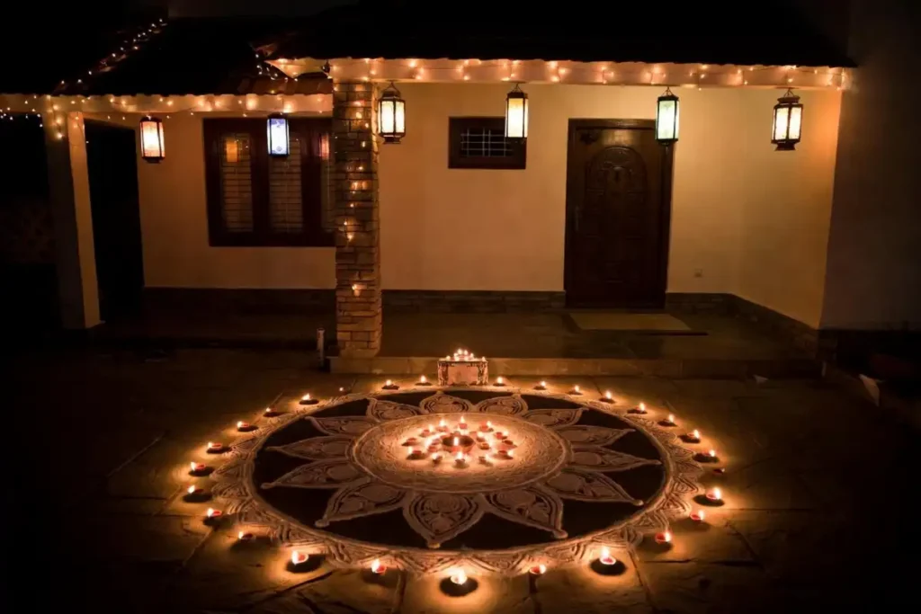 Big rangoli design decorating a home entrance for Diwali