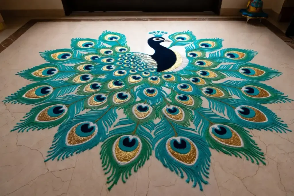 Large rangoli design being created with colorful powder