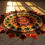 Classic mandala-style circle rangoli design with vibrant colors