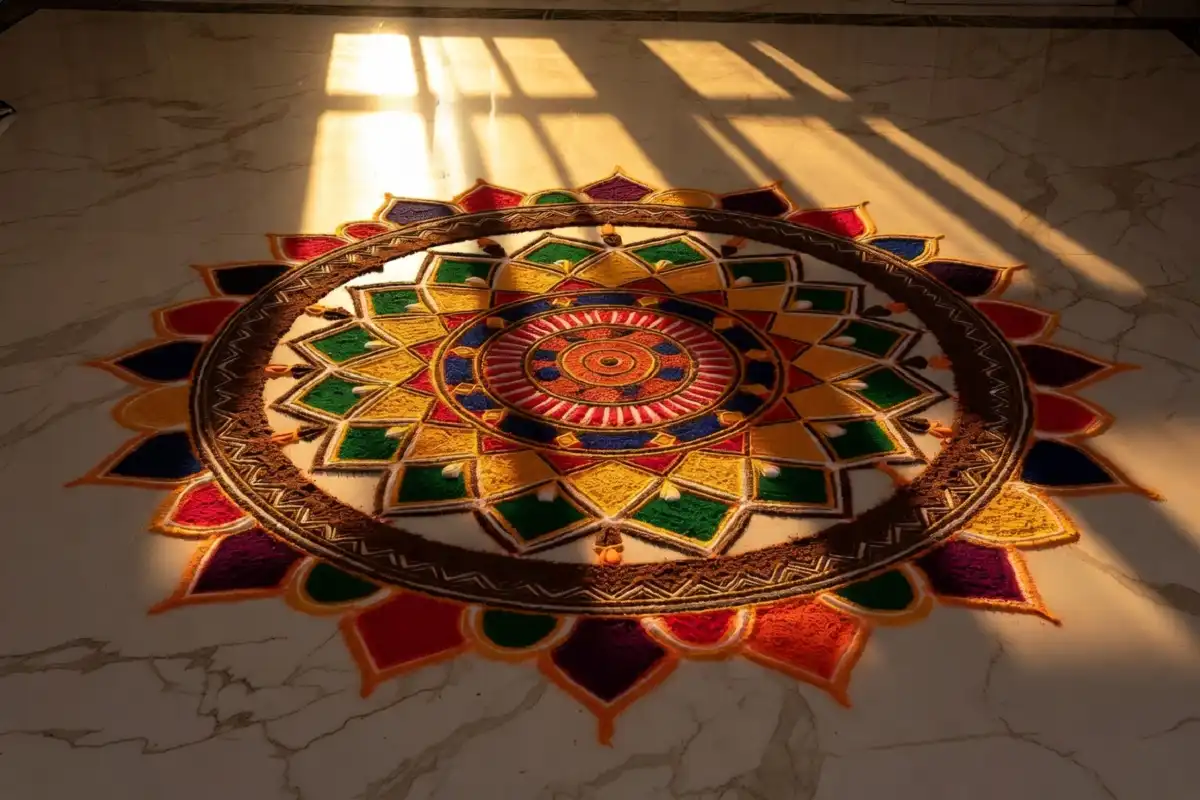 Classic mandala-style circle rangoli design with vibrant colors