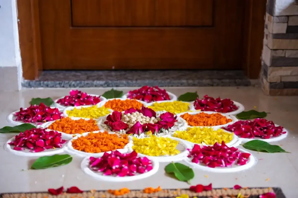 Cute small rangoli made with fresh flower petals at a home entrance