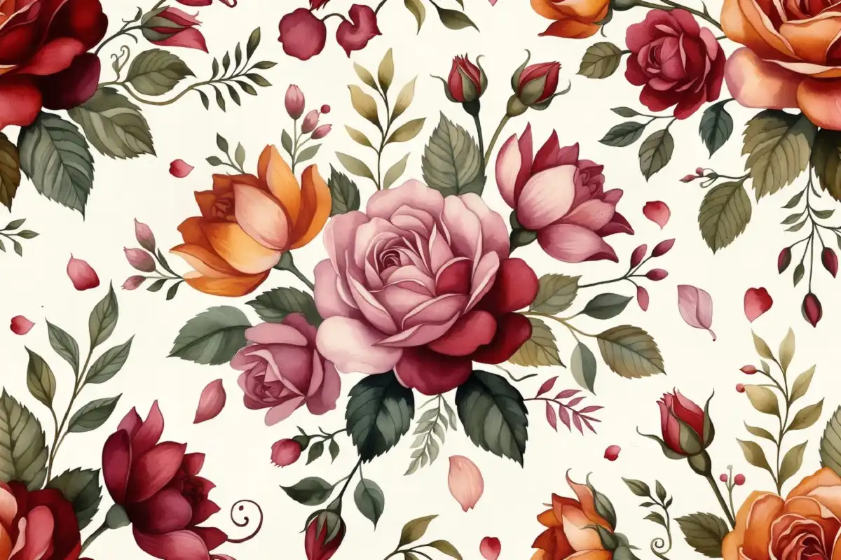 Colorful decorative floral pattern with roses, leaves, and vines on a light background