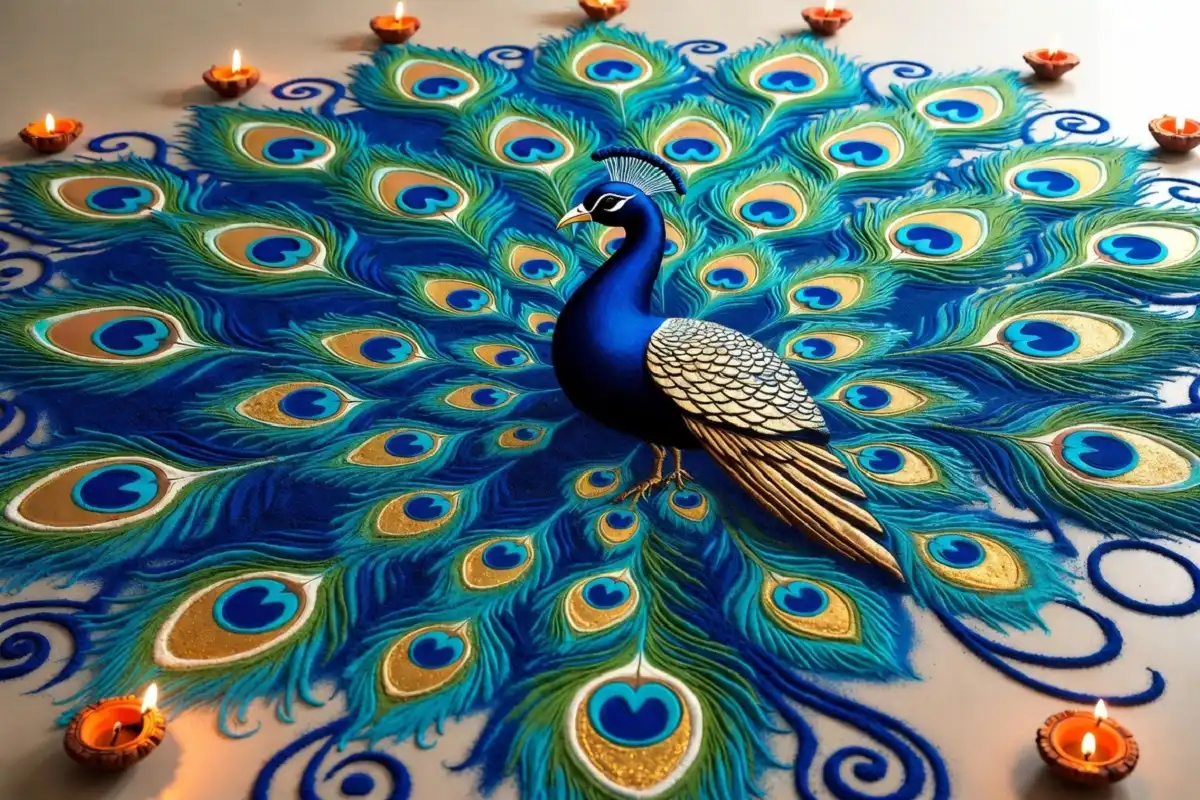 Stunning peacock-themed Dhanteras rangoli design in blue, green, and gold colors
