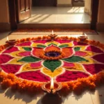 Beautiful traditional Dhanteras rangoli design with lit diyas and lotus pattern at home entrance