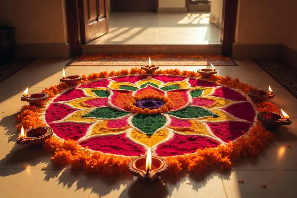 Beautiful traditional Dhanteras rangoli design with lit diyas and lotus pattern at home entrance