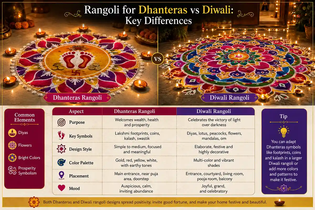Dhanteras vs Diwali rangoli differences infographic