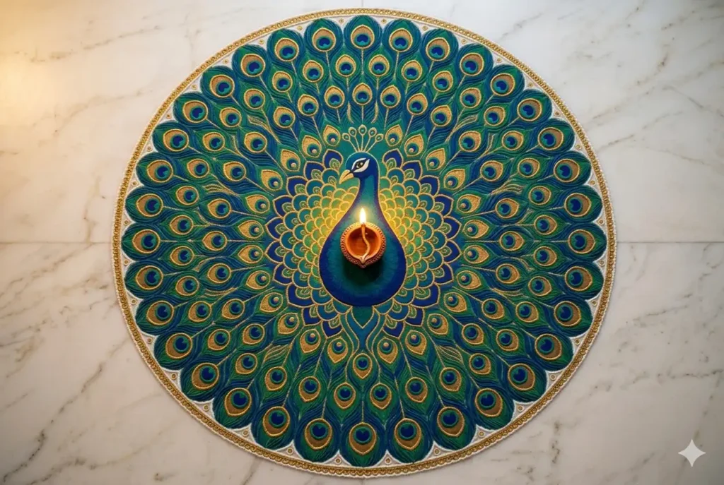 Diwali 2019 attractive peacock rangoli design with teal and gold feather spread pattern