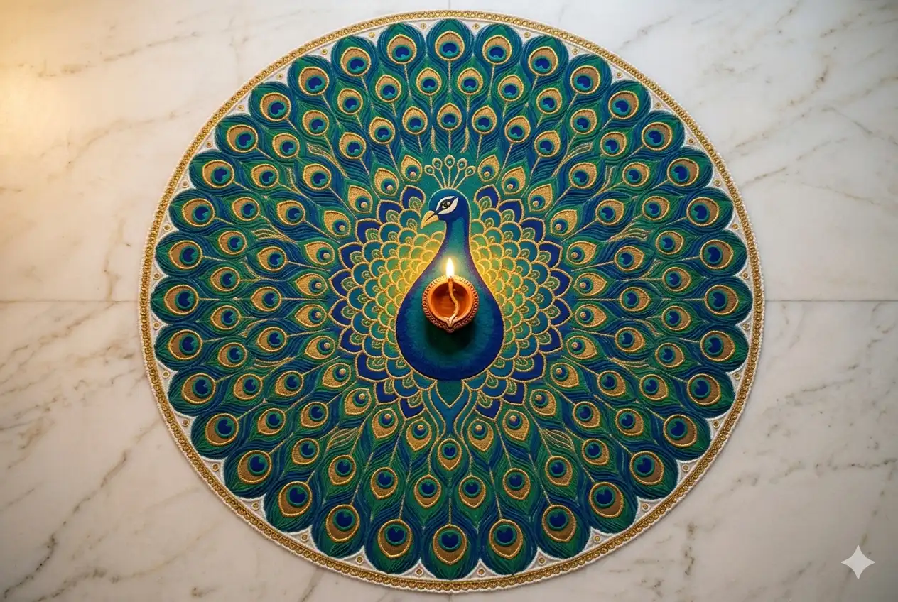 Diwali 2019 attractive peacock rangoli design with teal and gold feather spread pattern
