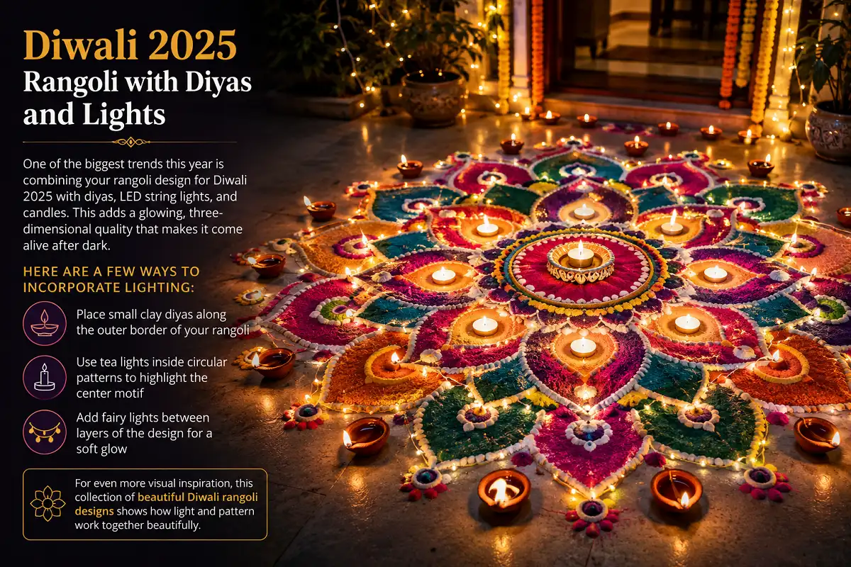 Diwali 2025 rangoli decorated with glowing clay diyas, tea lights, LED fairy lights, and colorful patterns, with an infographic explaining lighting ideas for rangoli designs.