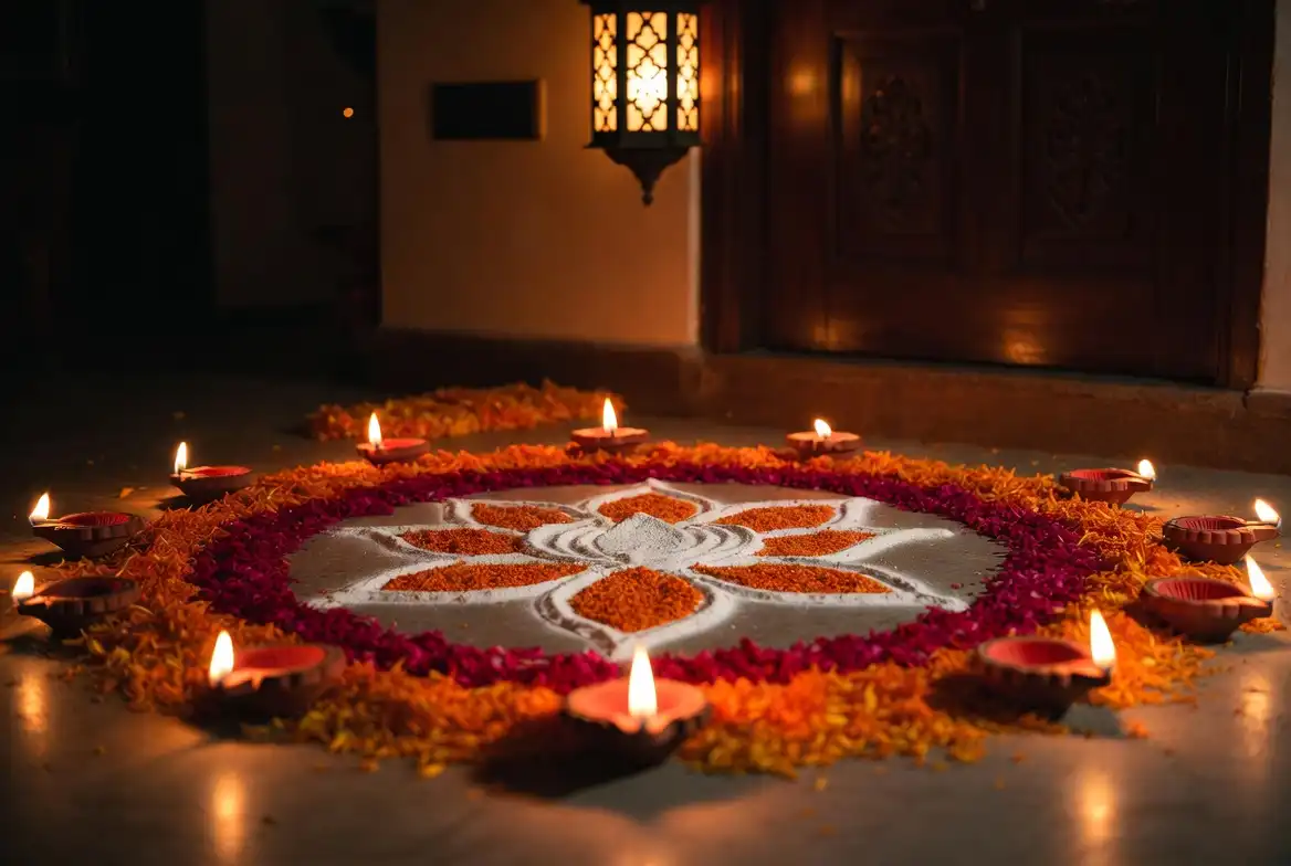 Rangoli design for Diwali 2025 decorated with diyas and fresh marigold flowers
