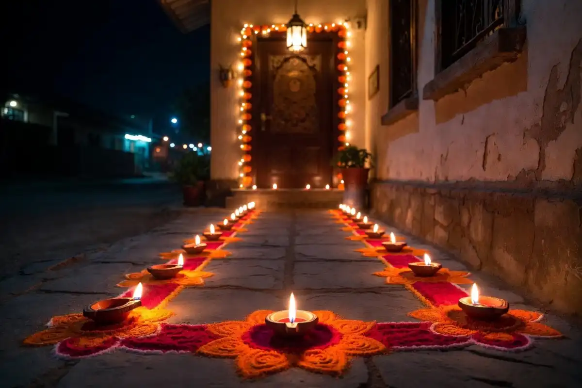 Diwali diya border rangoli design with lit clay lamps and colorful powder