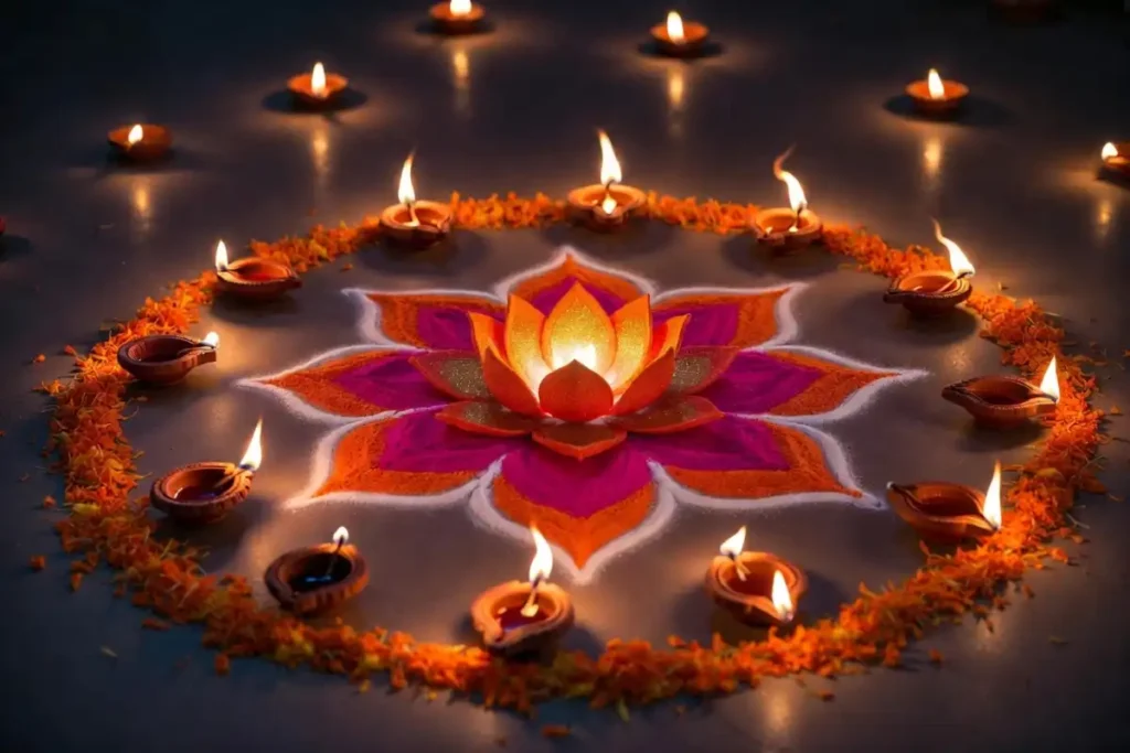 Easy Diwali rangoli design decorated with diyas