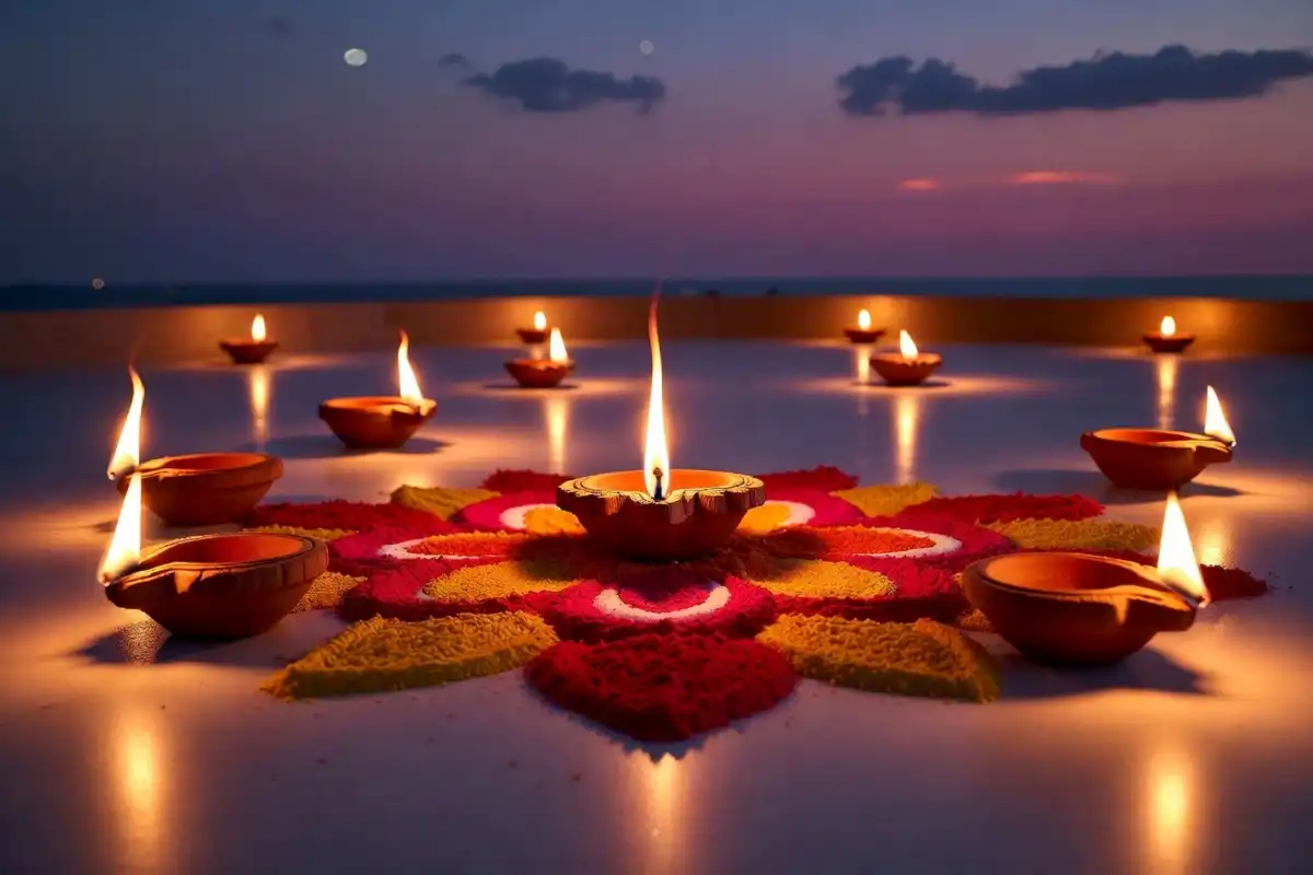 Simple flower rangoli design with diyas for Diwali celebration