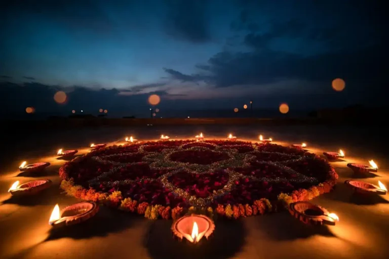 Diwali flower rangoli design with lotus petals and glowing diyas at night