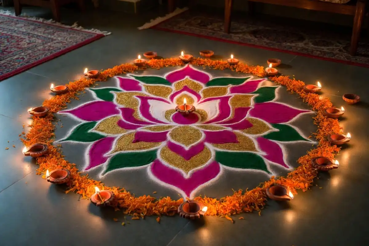 Elaborate Diwali lotus rangoli design surrounded by glowing diyas and marigold petals on decorated floor