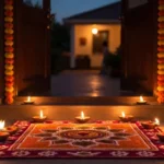 Stunning diwali rangoli design at home entrance with lit diyas and marigold petals