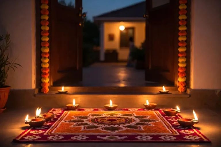 Stunning diwali rangoli design at home entrance with lit diyas and marigold petals