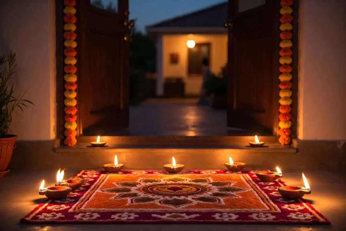 Stunning diwali rangoli design at home entrance with lit diyas and marigold petals