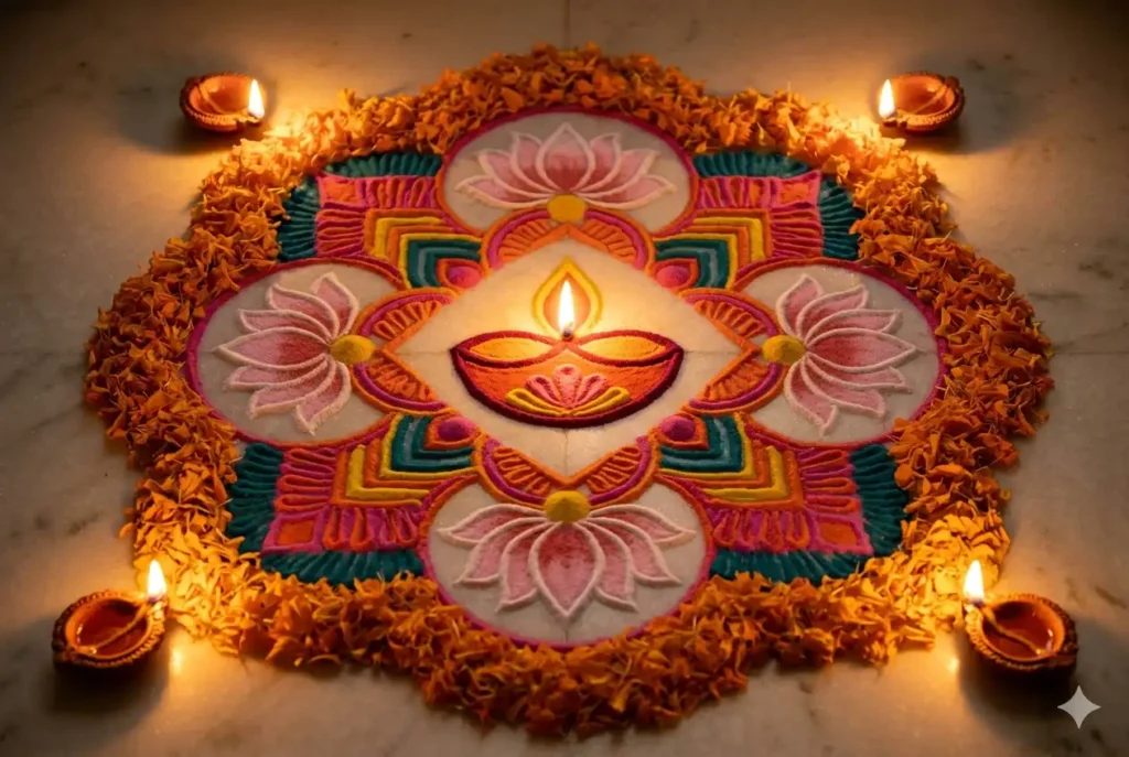 Simple Diwali rangoli design with diya lamp motif