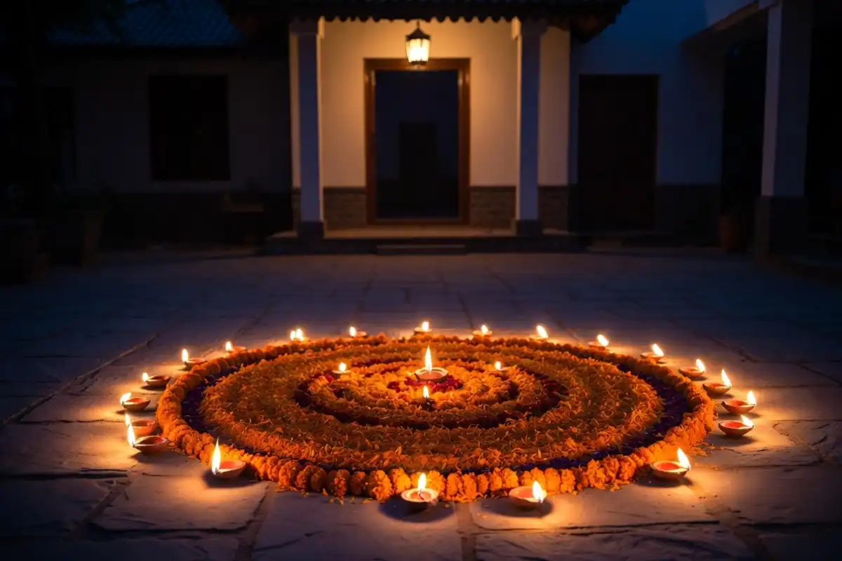 Beautiful floral rangoli design for Diwali easy and beautiful with marigold petals and diyas