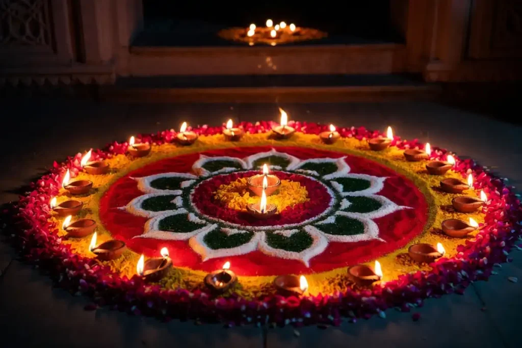Traditional Diwali girl rangoli design with diyas and flower petals