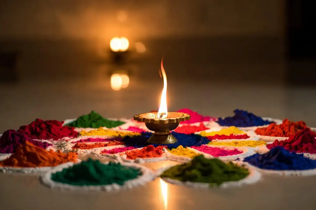 Diwali circle rangoli design with a glowing diya in the center