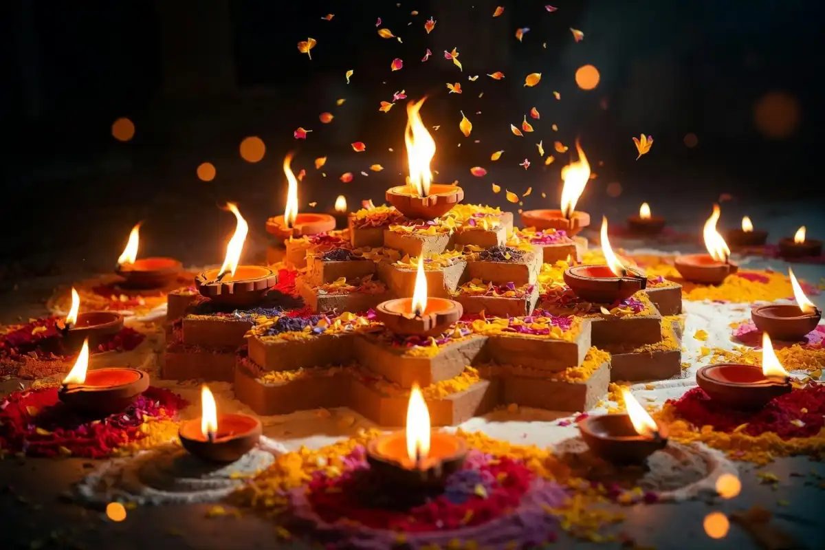3D beautiful rangoli design for Diwali with glowing diyas