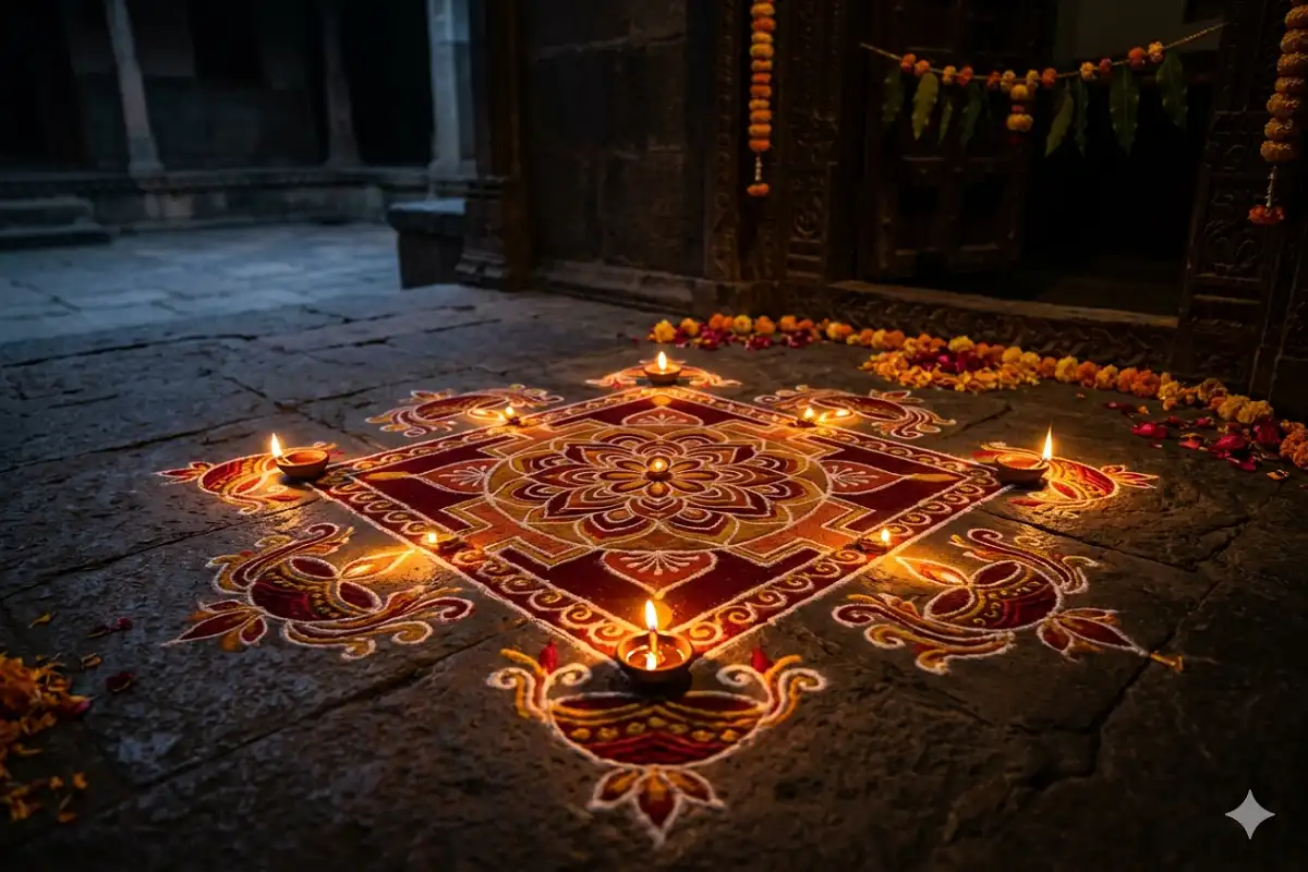 Diya-themed square rangoli design for Diwali