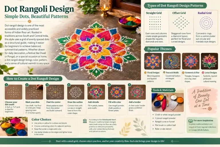 Dot rangoli design with straight, offset, and radial grids, popular floral, peacock, geometric, and lotus patterns, plus step-by-step techniques and tools