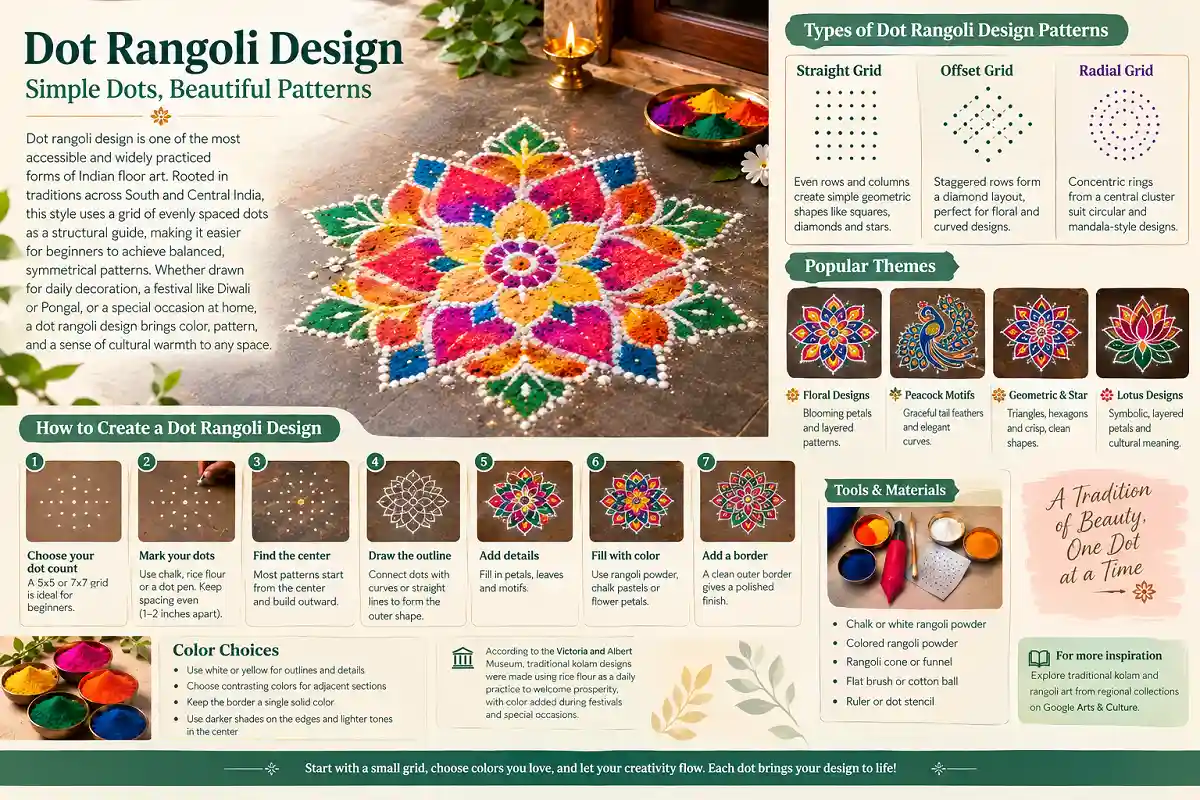 Dot rangoli design with straight, offset, and radial grids, popular floral, peacock, geometric, and lotus patterns, plus step-by-step techniques and tools