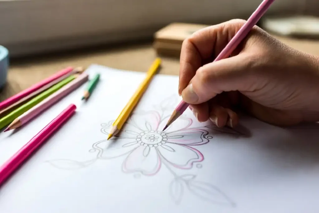 Hand sketching a flower motif with petals and leaves on white paper