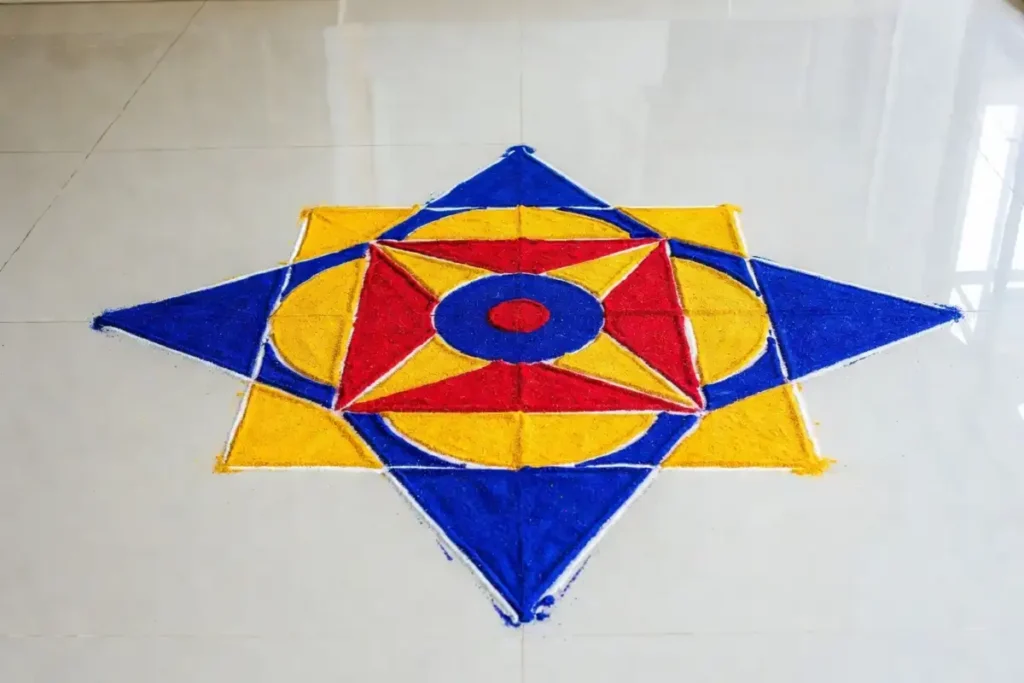 Easy geometric rangoli design for beginners using chalk and color powder