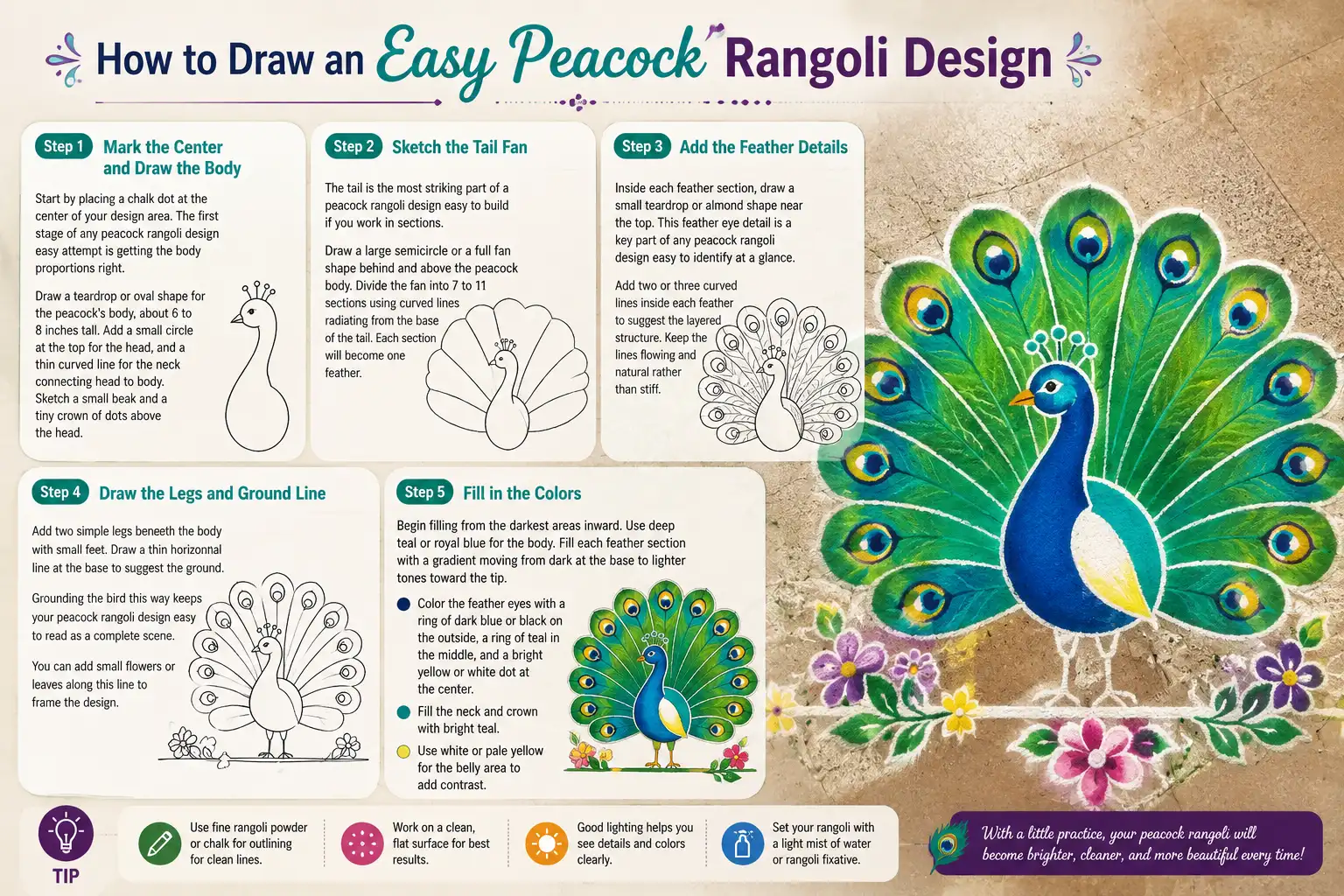 Easy peacock rangoli design tutorial showing five drawing and coloring steps