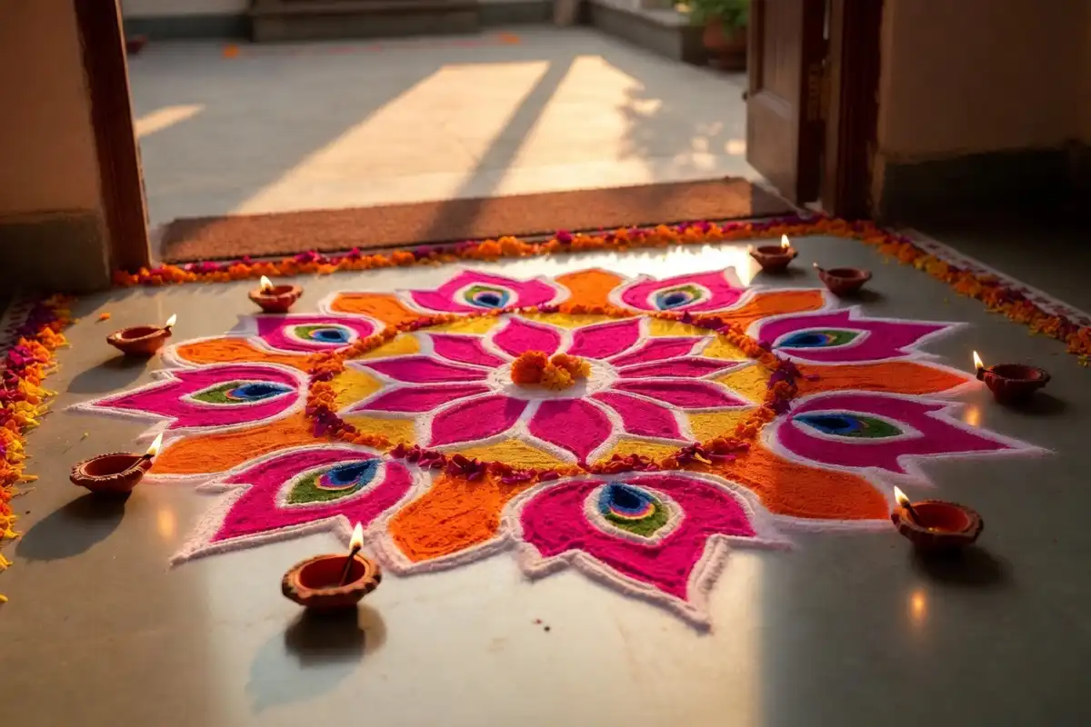 Easy rangoli design at a traditional Indian home doorstep