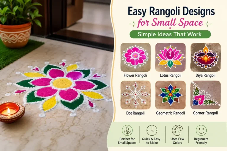 Easy rangoli designs for small space with flower, lotus, diya, dot, geometric, and corner patterns