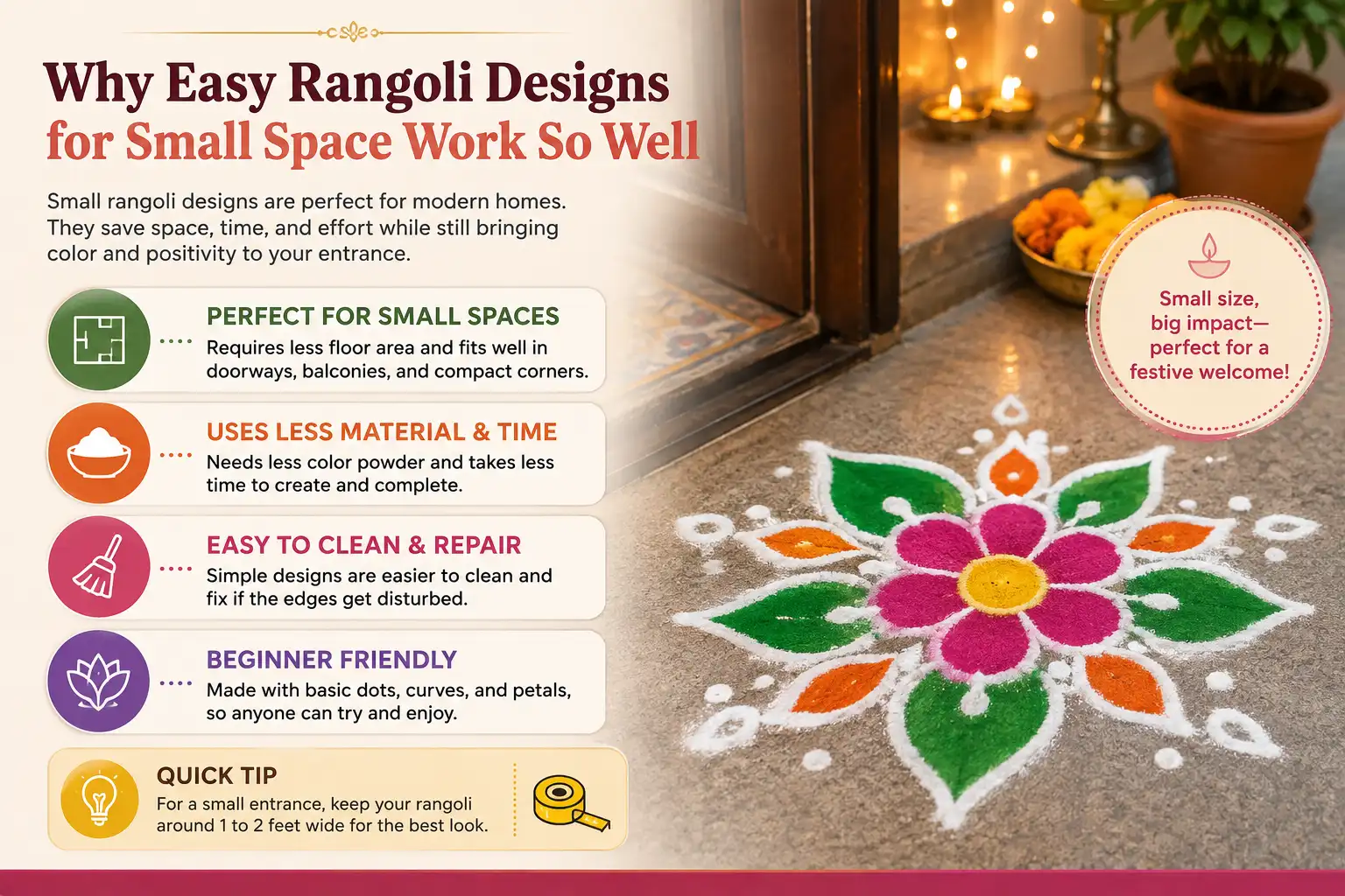 Easy rangoli design for small spaces with colorful floral pattern and festive entrance decor