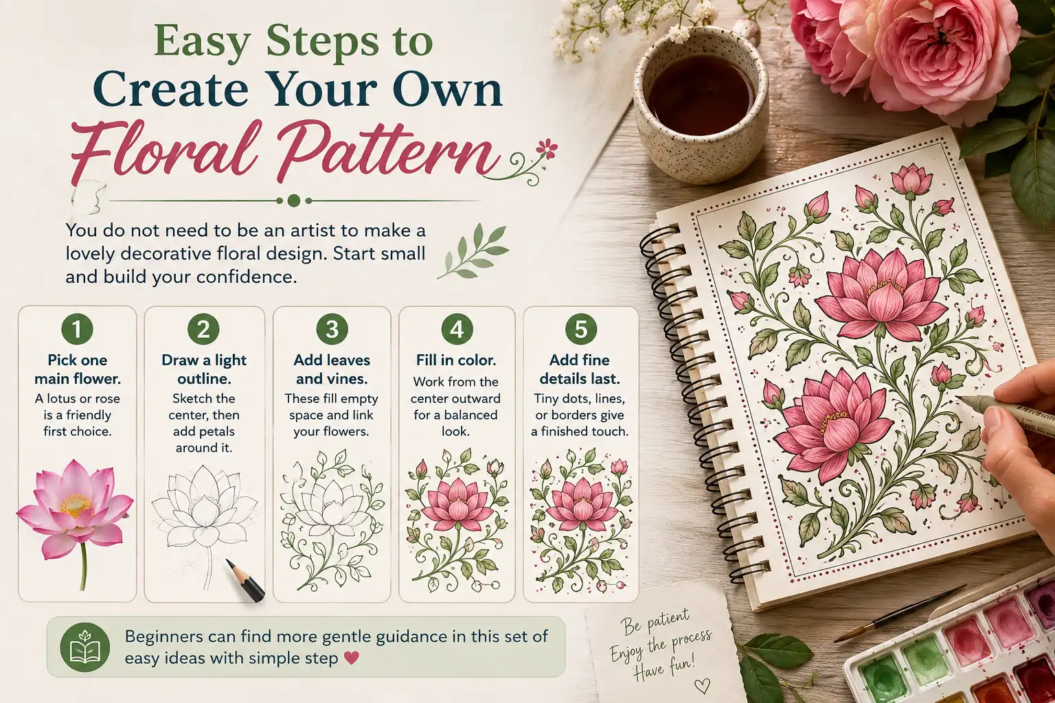 A mixed photorealistic and modern infographic poster showing five easy steps to create a floral pattern, from choosing a flower and sketching an outline to adding leaves, color, and fine details, alongside a floral sketchbook, art supplies, and pink flowers.