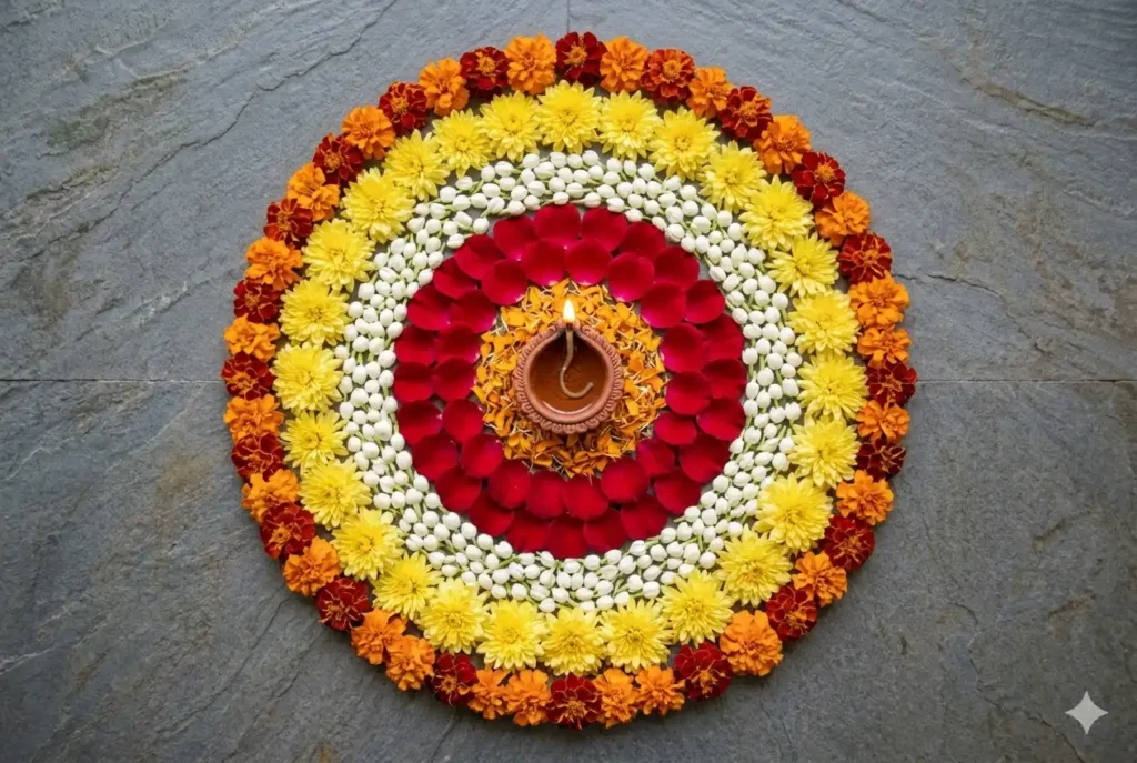 Eco-friendly flower petal rangoli design made with marigold and rose petals