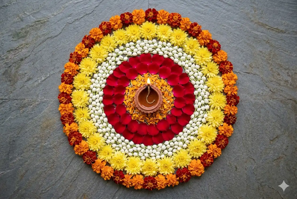 Eco-friendly flower petal rangoli design made with marigold and rose petals