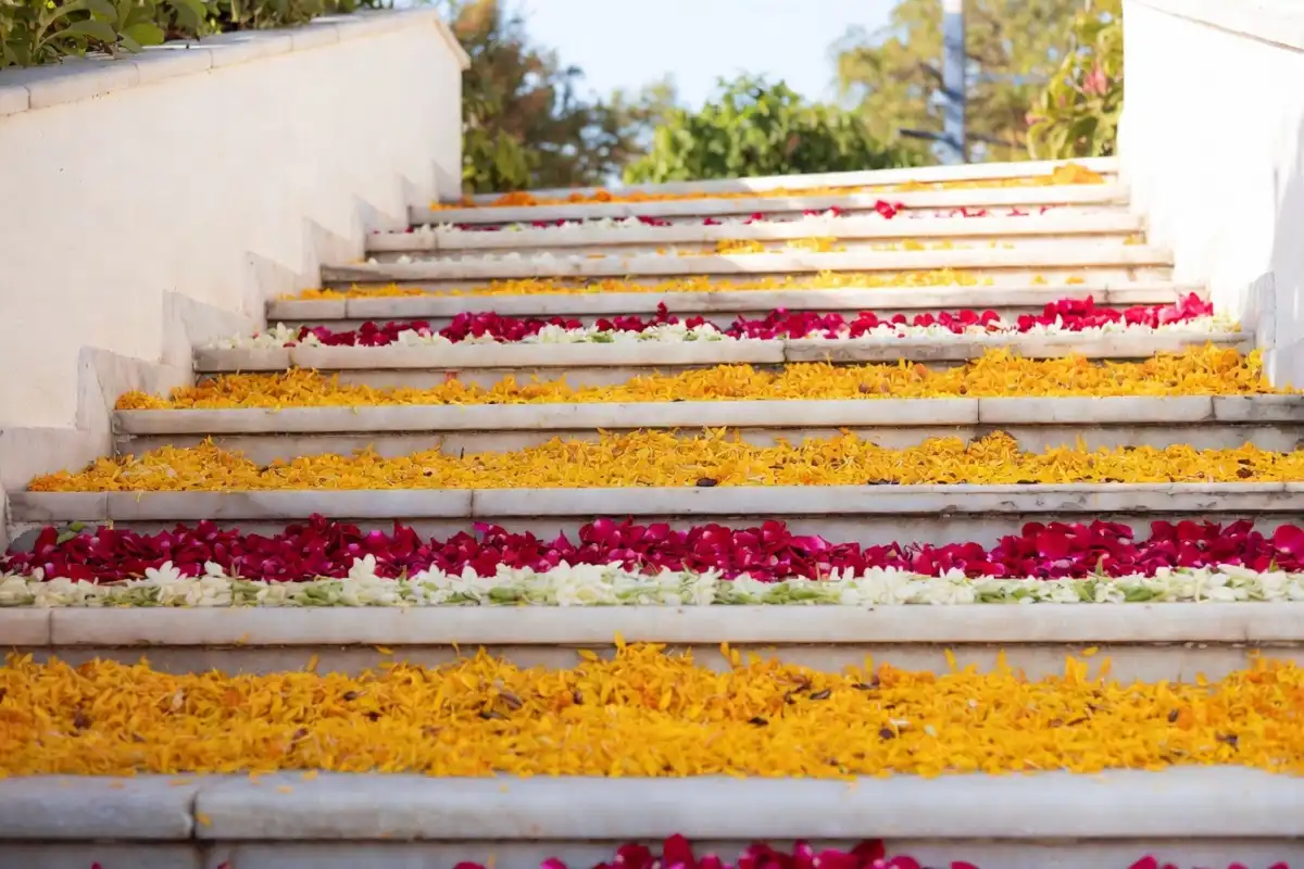 Eco-friendly flower petal border rangoli design with marigold and rose petals