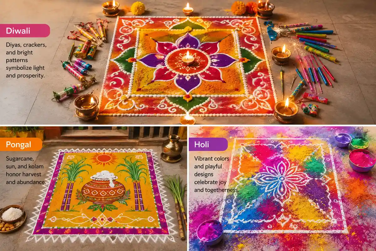 Festival-themed square rangoli designs for Diwali, Pongal, and Holi with diyas, sugarcane, and vibrant colors