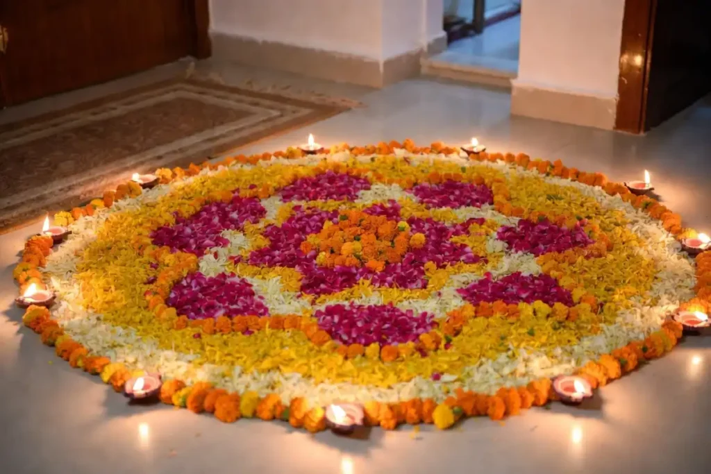 Flower floor art with marigold petals arranged in a circular pattern for a festival