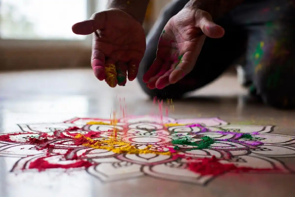 Step-by-step flower rangoli design simple mandala pattern